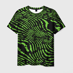 Мужская футболка 3D с принтом Зебра в Екатеринбурге, 100% полиэфир | прямой крой, круглый вырез горловины, длина до линии бедер | Тематика изображения на принте: green | green lines | green neon | green neon lines | green zebra | lines | zebra | в полоску | зебра | зеленая зебра | зелёные полосы | зелёный | зелёный неон | полоски | полосы