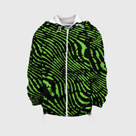 Детская куртка 3D с принтом Зебра в Екатеринбурге, 100% полиэстер | застежка — молния, подол и капюшон оформлены резинкой с фиксаторами, по бокам — два кармана без застежек, один потайной карман на груди, плотность верхнего слоя — 90 г/м2; плотность флисового подклада — 260 г/м2 | Тематика изображения на принте: green | green lines | green neon | green neon lines | green zebra | lines | zebra | в полоску | зебра | зеленая зебра | зелёные полосы | зелёный | зелёный неон | полоски | полосы