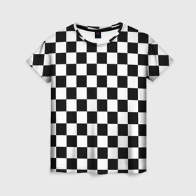 Женская футболка 3D с принтом Шахматка в Екатеринбурге, 100% полиэфир ( синтетическое хлопкоподобное полотно) | прямой крой, круглый вырез горловины, длина до линии бедер | Тематика изображения на принте: абстракция | в клетку | игра | клетка | клеточка | тренд | черно белая | черно белая клетка | шахматка | шахматная клетка | шахматы