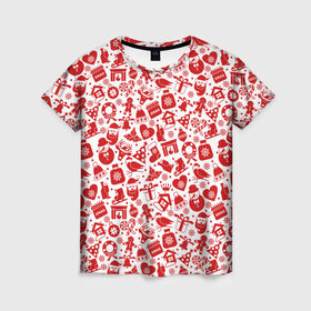 Женская футболка 3D с принтом Рождественский паттерн в Екатеринбурге, 100% полиэфир ( синтетическое хлопкоподобное полотно) | прямой крой, круглый вырез горловины, длина до линии бедер | 