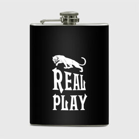 Фляга с принтом Real Play - черная пантера в Екатеринбурге, металлический корпус | емкость 0,22 л, размер 125 х 94 мм. Виниловая наклейка запечатывается полностью | real play | большие кошки | игра | кошки | надпись | пантера