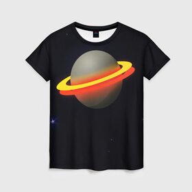 Женская футболка 3D с принтом Стальная планета в Екатеринбурге, 100% полиэфир ( синтетическое хлопкоподобное полотно) | прямой крой, круглый вырез горловины, длина до линии бедер | Тематика изображения на принте: абстракция | космос | неон | оранжевый цвет | планета