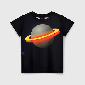 Детская футболка 3D с принтом Стальная планета в Екатеринбурге, 100% гипоаллергенный полиэфир | прямой крой, круглый вырез горловины, длина до линии бедер, чуть спущенное плечо, ткань немного тянется | абстракция | космос | неон | оранжевый цвет | планета