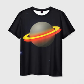 Мужская футболка 3D с принтом Стальная планета в Екатеринбурге, 100% полиэфир | прямой крой, круглый вырез горловины, длина до линии бедер | Тематика изображения на принте: абстракция | космос | неон | оранжевый цвет | планета