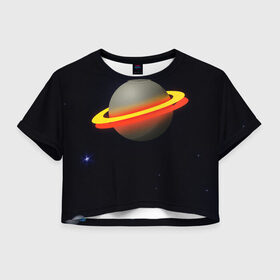 Женская футболка Crop-top 3D с принтом Стальная планета в Екатеринбурге, 100% полиэстер | круглая горловина, длина футболки до линии талии, рукава с отворотами | Тематика изображения на принте: абстракция | космос | неон | оранжевый цвет | планета