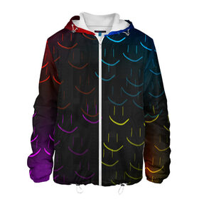Мужская куртка 3D с принтом Rainbow smile в Екатеринбурге, ткань верха — 100% полиэстер, подклад — флис | прямой крой, подол и капюшон оформлены резинкой с фиксаторами, два кармана без застежек по бокам, один большой потайной карман на груди. Карман на груди застегивается на липучку | необычное | прикольное | радуга | смайл
