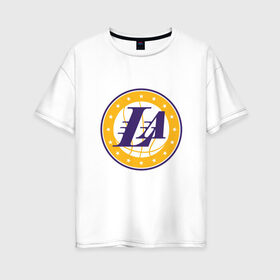 Женская футболка хлопок Oversize с принтом LA Lakers в Екатеринбурге, 100% хлопок | свободный крой, круглый ворот, спущенный рукав, длина до линии бедер
 | 23 | anthony davis | basketball | bryant | game | james | kobe | lebron | los angeles | nba | sport | баскетбол | брайант | бровь | джеймс | калифорния | коби | король | леброн | лейкерс | лос анджелес | нба | спорт | тренер | чемпио