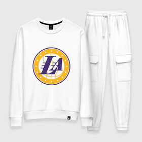 Женский костюм хлопок с принтом LA Lakers в Екатеринбурге, 100% хлопок | на свитшоте круглая горловина, мягкая резинка по низу. Брюки заужены к низу, на них два вида карманов: два 