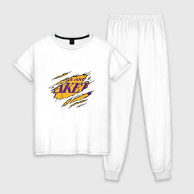 Женская пижама хлопок с принтом Los Angeles Lakers в Екатеринбурге, 100% хлопок | брюки и футболка прямого кроя, без карманов, на брюках мягкая резинка на поясе и по низу штанин | 23 | anthony davis | basketball | bryant | game | james | kobe | lebron | los angeles | nba | sport | баскетбол | брайант | бровь | джеймс | калифорния | коби | король | леброн | лейкерс | лос анджелес | нба | спорт | тренер | чемпио