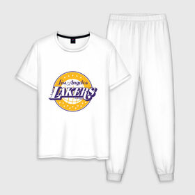 Мужская пижама хлопок с принтом Los Angeles Lakers в Екатеринбурге, 100% хлопок | брюки и футболка прямого кроя, без карманов, на брюках мягкая резинка на поясе и по низу штанин
 | 23 | anthony davis | basketball | bryant | game | james | kobe | lebron | los angeles | nba | sport | баскетбол | брайант | бровь | джеймс | калифорния | коби | король | леброн | лейкерс | лос анджелес | нба | спорт | тренер | чемпио