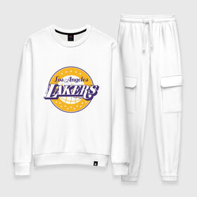 Женский костюм хлопок с принтом Los Angeles Lakers в Екатеринбурге, 100% хлопок | на свитшоте круглая горловина, мягкая резинка по низу. Брюки заужены к низу, на них два вида карманов: два 