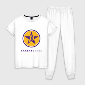 Женская пижама хлопок с принтом Lakers Stars в Екатеринбурге, 100% хлопок | брюки и футболка прямого кроя, без карманов, на брюках мягкая резинка на поясе и по низу штанин | 23 | anthony davis | basketball | bryant | game | james | kobe | lebron | los angeles | nba | sport | баскетбол | брайант | бровь | джеймс | калифорния | коби | король | леброн | лейкерс | лос анджелес | нба | спорт | тренер | чемпио