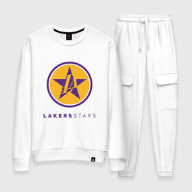 Женский костюм хлопок с принтом Lakers Stars в Екатеринбурге, 100% хлопок | на свитшоте круглая горловина, мягкая резинка по низу. Брюки заужены к низу, на них два вида карманов: два 