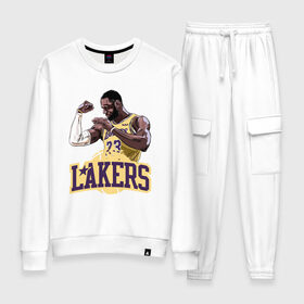 Женский костюм хлопок с принтом LeBron - Lakers в Екатеринбурге, 100% хлопок | на свитшоте круглая горловина, мягкая резинка по низу. Брюки заужены к низу, на них два вида карманов: два 