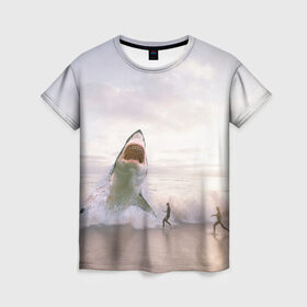 Женская футболка 3D с принтом Мегалодон в Екатеринбурге, 100% полиэфир ( синтетическое хлопкоподобное полотно) | прямой крой, круглый вырез горловины, длина до линии бедер | акула | акулы | волны | животное | животные | мегалодон | море | пейзаж | пейзажи | пляж | хищник | хищники