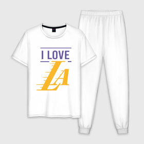 Мужская пижама хлопок с принтом I Love Lakers в Екатеринбурге, 100% хлопок | брюки и футболка прямого кроя, без карманов, на брюках мягкая резинка на поясе и по низу штанин
 | 23 | anthony davis | basketball | bryant | game | james | kobe | lebron | los angeles | nba | sport | баскетбол | брайант | бровь | джеймс | калифорния | коби | король | леброн | лейкерс | лос анджелес | нба | спорт | тренер | чемпио