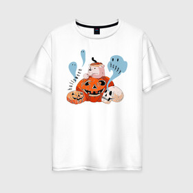 Женская футболка хлопок Oversize с принтом Mishka phantoms and pumpkins в Екатеринбурге, 100% хлопок | свободный крой, круглый ворот, спущенный рукав, длина до линии бедер
 | bear | halloween | hallowen | halowen | helloween | mishka | phantom | phantoms | pumpkin | pumpkins | день всех святых | медведь | медвежонок | мишка | приведение | тыква | тыквы | фантомы | халовен | халовин | хеллуин