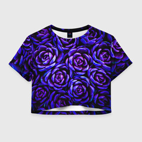 Женская футболка Crop-top 3D с принтом Lovely Roses в Екатеринбурге, 100% полиэстер | круглая горловина, длина футболки до линии талии, рукава с отворотами | flowers | large | lovely roses | plants | purple | roses | succulent | texture | крупный | прекрасные розы | растения | розы | суккулент | текстура | фиолетовый | цветы