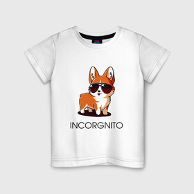 Детская футболка хлопок с принтом ИНКОРГНИТО в Екатеринбурге, 100% хлопок | круглый вырез горловины, полуприлегающий силуэт, длина до линии бедер | Тематика изображения на принте: corgi | инкогнито | корги | кошка | очки | пушистый | собака | собачка | собачки