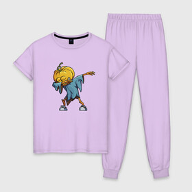 Женская пижама хлопок с принтом Pumpkins dab в Екатеринбурге, 100% хлопок | брюки и футболка прямого кроя, без карманов, на брюках мягкая резинка на поясе и по низу штанин | 