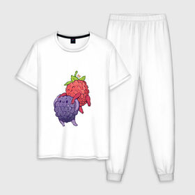 Мужская пижама хлопок с принтом Смородинки в Екатеринбурге, 100% хлопок | брюки и футболка прямого кроя, без карманов, на брюках мягкая резинка на поясе и по низу штанин
 | арт | красная смородина | мило | милота | рисунок | свежая ягода | свежие ягоды | свежий продукт | смородина | чёрная смородина | ягода | ягоды