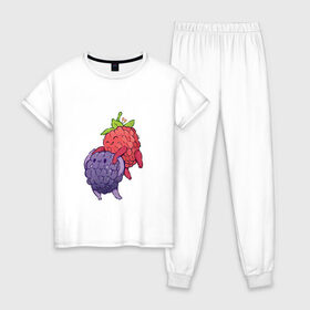Женская пижама хлопок с принтом Смородинки в Екатеринбурге, 100% хлопок | брюки и футболка прямого кроя, без карманов, на брюках мягкая резинка на поясе и по низу штанин | арт | красная смородина | мило | милота | рисунок | свежая ягода | свежие ягоды | свежий продукт | смородина | чёрная смородина | ягода | ягоды