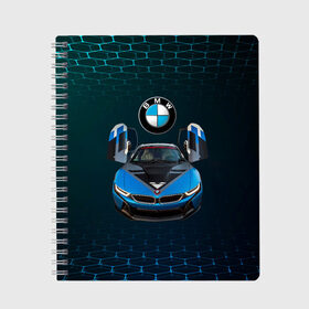 Тетрадь с принтом BMW i8 Turbo тюнинговая в Екатеринбурге, 100% бумага | 48 листов, плотность листов — 60 г/м2, плотность картонной обложки — 250 г/м2. Листы скреплены сбоку удобной пружинной спиралью. Уголки страниц и обложки скругленные. Цвет линий — светло-серый
 | Тематика изображения на принте: bmw | bmw performance | bmw тюнинговая | i8 | i8 turbo | m | motorsport | performance | бмв | моторспорт | тюнинг