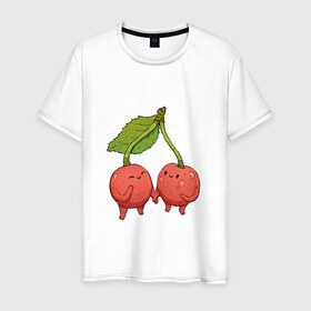 Мужская футболка хлопок с принтом Сестрички-вишни в Екатеринбурге, 100% хлопок | прямой крой, круглый вырез горловины, длина до линии бедер, слегка спущенное плечо. | арт | вишенка | вишенки | вишня | мило | милота | рисунок | свежий продукт | свежий ягода | ягода