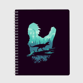 Тетрадь с принтом T-Rex в Екатеринбурге, 100% бумага | 48 листов, плотность листов — 60 г/м2, плотность картонной обложки — 250 г/м2. Листы скреплены сбоку удобной пружинной спиралью. Уголки страниц и обложки скругленные. Цвет линий — светло-серый
 | вертикальная | ветка | дерево | динозавр | животные | иллюстрация | картинка | клыки | креатив | лес | листья | образ | природа | темная | тираннозавр | тирекс | фильмы | хищник | челюсть | юрский период