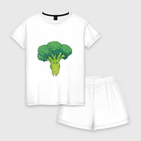 Женская пижама с шортиками хлопок с принтом Симпатичный брокколи в Екатеринбурге, 100% хлопок | футболка прямого кроя, шорты свободные с широкой мягкой резинкой | арт | брокколи | мило | милота | овощ | овощи | рисунок | свежие овощи | свежий овощ | свежий продукт