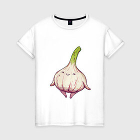 Женская футболка хлопок с принтом Милый чеснок в Екатеринбурге, 100% хлопок | прямой крой, круглый вырез горловины, длина до линии бедер, слегка спущенное плечо | арт | мило | милота | овощ | овощи | рисунок | свежие овощи | свежий овощ | свежий продукт | чеснок