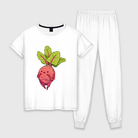 Женская пижама хлопок с принтом Свекла в Екатеринбурге, 100% хлопок | брюки и футболка прямого кроя, без карманов, на брюках мягкая резинка на поясе и по низу штанин | арт | мило | милота | овощ | овощи | рисунок | свежие овощи | свежий овощ | свежий продукт | свекла