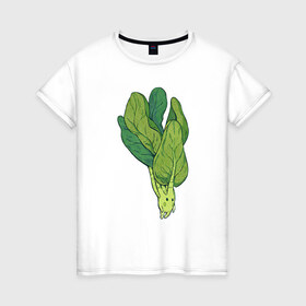 Женская футболка хлопок с принтом Шпинат в Екатеринбурге, 100% хлопок | прямой крой, круглый вырез горловины, длина до линии бедер, слегка спущенное плечо | арт | мило | милота | овощ | овощи | рисунок | свежие овощи | свежий овощ | свежий продукт | шпинат