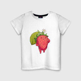 Детская футболка хлопок с принтом Довольная клубника в Екатеринбурге, 100% хлопок | круглый вырез горловины, полуприлегающий силуэт, длина до линии бедер | арт | белый цветок | белый цветочек | клубника | мило | милота | рисунок | свежая ягода | свежие ягоды | свежий продукт | цветок | цветочек | ягода | ягоды