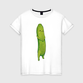 Женская футболка хлопок с принтом Огурец в Екатеринбурге, 100% хлопок | прямой крой, круглый вырез горловины, длина до линии бедер, слегка спущенное плечо | арт | мило | милота | овощ | овощи | огурец | рисунок | свежие овощи | свежий овощ | свежий продукт