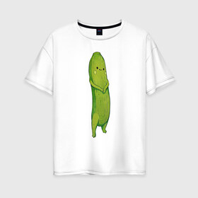 Женская футболка хлопок Oversize с принтом Огурец в Екатеринбурге, 100% хлопок | свободный крой, круглый ворот, спущенный рукав, длина до линии бедер
 | арт | мило | милота | овощ | овощи | огурец | рисунок | свежие овощи | свежий овощ | свежий продукт