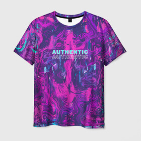 Мужская футболка 3D с принтом AUTHENTIC в Екатеринбурге, 100% полиэфир | прямой крой, круглый вырез горловины, длина до линии бедер | abstraction | authentic | абстракция | аутентичный | брызги | надпись на английском | прикольная надпись | разводы | текстура | узор | фиолетовый