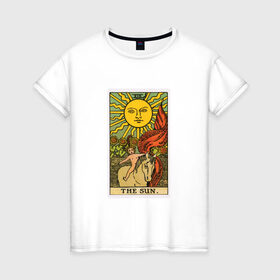 Женская футболка хлопок с принтом Аркан Солнце в Екатеринбурге, 100% хлопок | прямой крой, круглый вырез горловины, длина до линии бедер, слегка спущенное плечо | аркан | духовность | знания | мистика | оккультныезнаки | символы | солнце | старший | тайные | таро | эзотерика