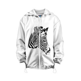 Детская куртка 3D с принтом Zebra в Екатеринбурге, 100% полиэстер | застежка — молния, подол и капюшон оформлены резинкой с фиксаторами, по бокам — два кармана без застежек, один потайной карман на груди, плотность верхнего слоя — 90 г/м2; плотность флисового подклада — 260 г/м2 | africa | black | savanna | stripe | white | zebra | африка | белый | зебра | полоска | саванна | черный