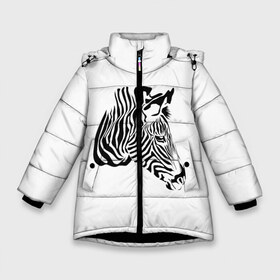 Зимняя куртка для девочек 3D с принтом Zebra в Екатеринбурге, ткань верха — 100% полиэстер; подклад — 100% полиэстер, утеплитель — 100% полиэстер. | длина ниже бедра, удлиненная спинка, воротник стойка и отстегивающийся капюшон. Есть боковые карманы с листочкой на кнопках, утяжки по низу изделия и внутренний карман на молнии. 

Предусмотрены светоотражающий принт на спинке, радужный светоотражающий элемент на пуллере молнии и на резинке для утяжки. | africa | black | savanna | stripe | white | zebra | африка | белый | зебра | полоска | саванна | черный