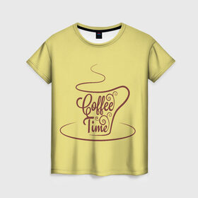 Женская футболка 3D с принтом Время пить кофе в Екатеринбурге, 100% полиэфир ( синтетическое хлопкоподобное полотно) | прямой крой, круглый вырез горловины, длина до линии бедер | время кофе | кофе | кофейная тема | кофейное настроение | настроение. | позитив | узоры