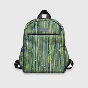 Детский рюкзак 3D с принтом Зеленый бамбук в Екатеринбурге, 100% полиэстер | лямки с регулируемой длиной, сверху петелька, чтобы рюкзак можно было повесить на вешалку. Основное отделение закрывается на молнию, как и внешний карман. Внутри дополнительный карман. По бокам два дополнительных кармашка | Тематика изображения на принте: bamboo | forest | stripes | бамбук | заросли | лес | листья | полосы | растения