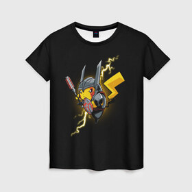 Женская футболка 3D с принтом Пикачу в Екатеринбурге, 100% полиэфир ( синтетическое хлопкоподобное полотно) | прямой крой, круглый вырез горловины, длина до линии бедер | pika pika | pikachu | бронь | броня | желтая | желтый | молния | пика пика | покемон | покемоны | черная | черный | электрический | электричество | япония