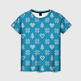 Женская футболка 3D с принтом Голубой рождественский свитер в Екатеринбурге, 100% полиэфир ( синтетическое хлопкоподобное полотно) | прямой крой, круглый вырез горловины, длина до линии бедер | 