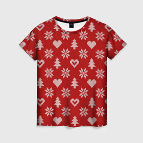 Женская футболка 3D с принтом Красный рождественский свитер в Екатеринбурге, 100% полиэфир ( синтетическое хлопкоподобное полотно) | прямой крой, круглый вырез горловины, длина до линии бедер | 