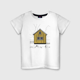 Детская футболка хлопок с принтом Яркий домик Исландии в Екатеринбурге, 100% хлопок | круглый вырез горловины, полуприлегающий силуэт, длина до линии бедер | дерево | дом | желтый | зима | исландия | остров | природа