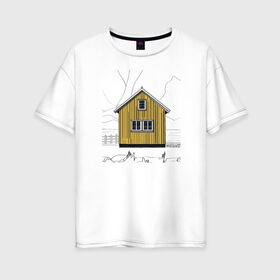 Женская футболка хлопок Oversize с принтом Яркий домик Исландии в Екатеринбурге, 100% хлопок | свободный крой, круглый ворот, спущенный рукав, длина до линии бедер
 | дерево | дом | желтый | зима | исландия | остров | природа