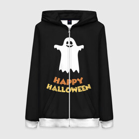 Женская толстовка 3D на молнии с принтом Halloween в Екатеринбурге, 100% полиэстер | длина до линии бедра, манжеты и пояс оформлены мягкой тканевой резинкой, двухслойный капюшон со шнурком для регулировки, спереди молния, по бокам два кармана | ghost | halloween | jack | lantern | pumpkin | призрак | светильник джека | хэллоуин