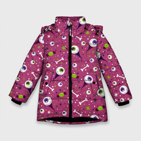 Зимняя куртка для девочек 3D с принтом Halloween в Екатеринбурге, ткань верха — 100% полиэстер; подклад — 100% полиэстер, утеплитель — 100% полиэстер. | длина ниже бедра, удлиненная спинка, воротник стойка и отстегивающийся капюшон. Есть боковые карманы с листочкой на кнопках, утяжки по низу изделия и внутренний карман на молнии. 

Предусмотрены светоотражающий принт на спинке, радужный светоотражающий элемент на пуллере молнии и на резинке для утяжки. | bones | cat | eye | eyes | ghost | halloween | monster | skull | zombie | глаз | глаза | зомби | кладбище | кости | кот | кошка | летучая | монстр | монстры | мышь | приведение | приведения | призрак | призраки | тыква | хэллоуин 