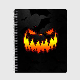 Тетрадь с принтом Pumpkin smile and bats в Екатеринбурге, 100% бумага | 48 листов, плотность листов — 60 г/м2, плотность картонной обложки — 250 г/м2. Листы скреплены сбоку удобной пружинной спиралью. Уголки страниц и обложки скругленные. Цвет линий — светло-серый
 | Тематика изображения на принте: 2020 | bat | bats | face | halloween | mask | nightmare | pumpkin | scary | smile | smiling | летучая | лицо | маска | мыши | мышь | привидение | страшная | тыква | улыбка | хэлоуин